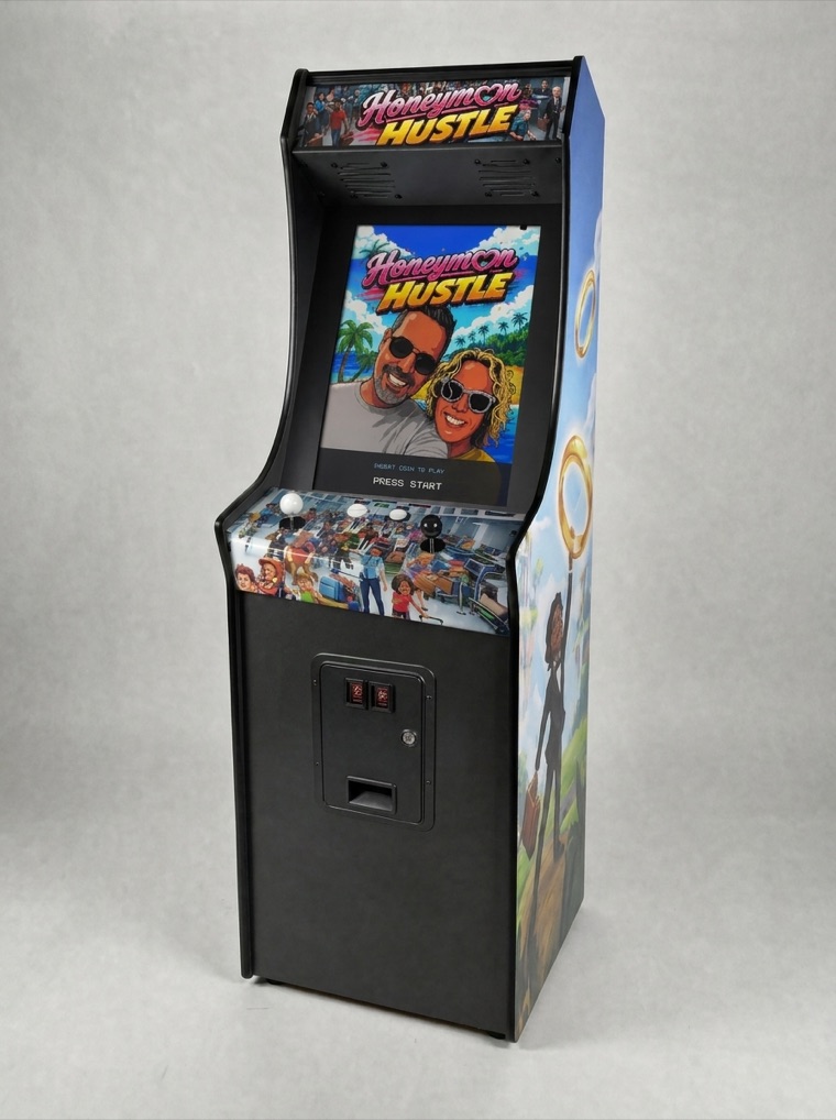 Honeymoon Hustle full arcade cabinet with custom marquee, screen art, and side art