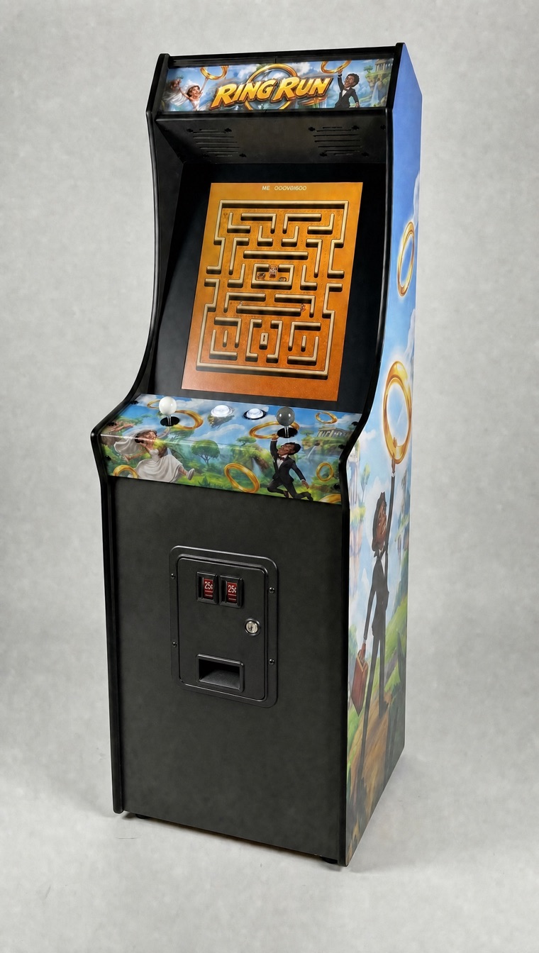 Ring Run full arcade cabinet with custom marquee, screen art, and side art