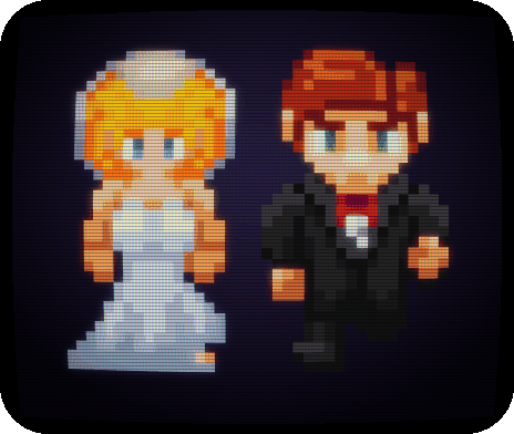 Arcade screen showing a bride and a groom as pixel characters