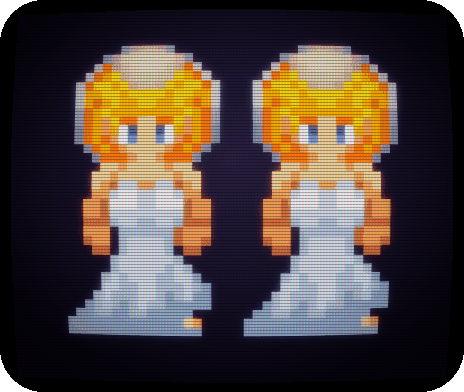 Arcade screen showing two brides as pixel characters
