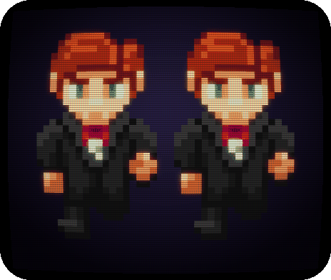 Arcade screen showing two grooms as pixel characters