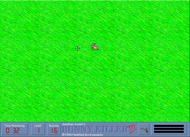 Bunny Killer 3 gameplay: a crosshair on a green field with the status bar reading 'Jonathan Sweet's Bunny Killer III, copyright 1994 Modified Environments'