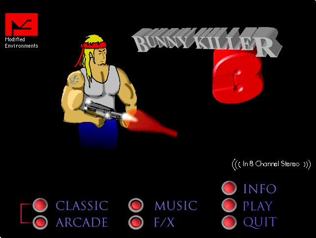 Title screen of Bunny Killer 3, showing the game logo, a muscled hero with a gun, the Modified Environments label, and a menu