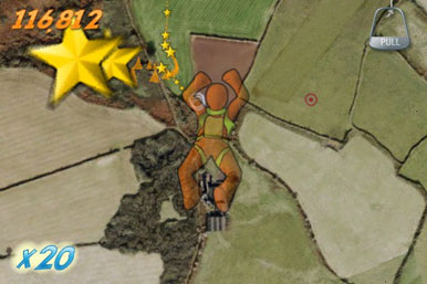 Freefall'n gameplay on iPhone: a top-down view of an orange skydiver falling past fields, collecting yellow stars, with a score and a pull-to-open-parachute button