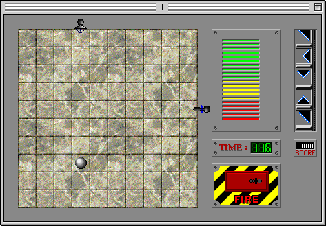 Laser Lab gameplay: a 10 by 10 grid where you aim a laser through mirrors and prisms, with a timer, score, and a fire button