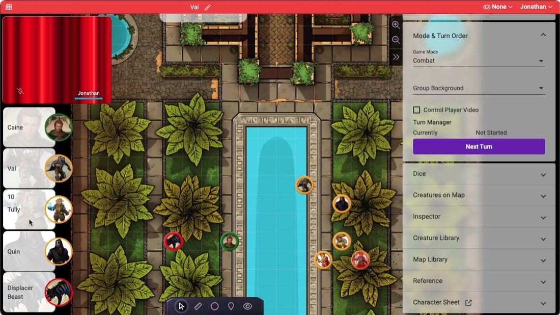 The Tabyltop virtual tabletop interface: a top-down battle map with character tokens, a video panel, and a game-master control panel showing turn order and dice